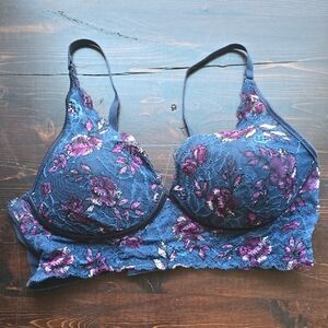 Maidenform 38B Blue & Purple Floral Lace Longline Underwire Bra